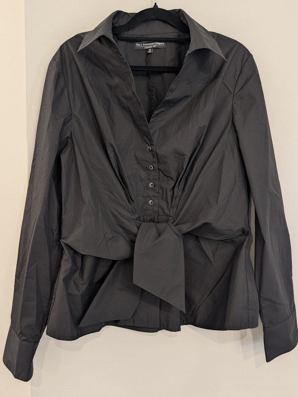 J. Peterman Black Tie-Front 100% Cotton Button Blouse Black Luxe Fabric 14 NWOT